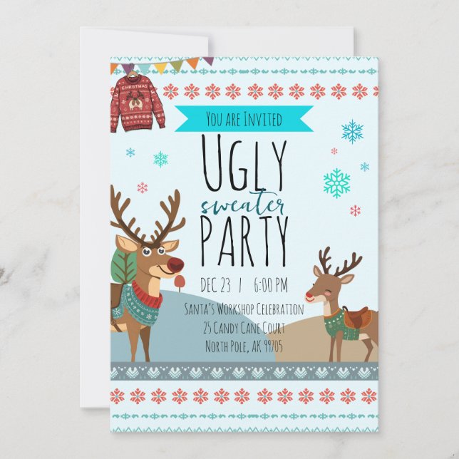 Ugly Sweater Party – Reindeer Snowflake Fun Inbjudningar (Framsida)