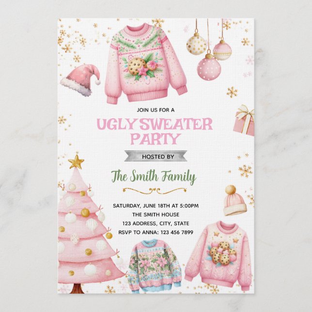 Ugly sweater pink theme invitation inbjudningar (Framsida)