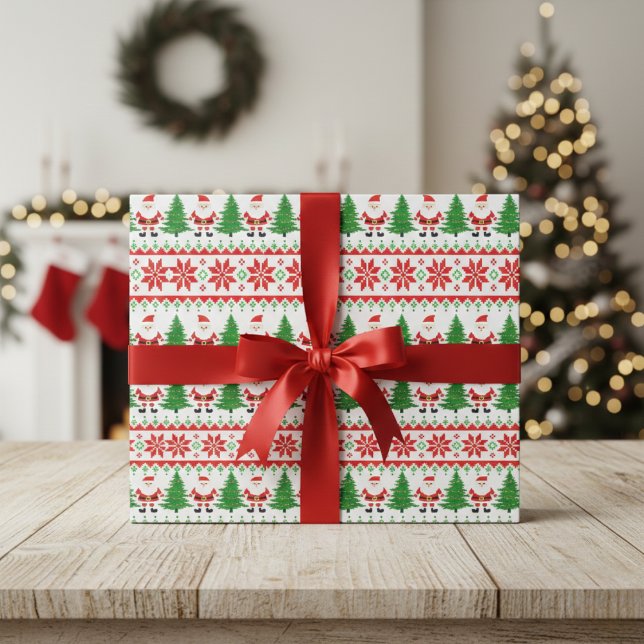 Ugly Sweater Pixelated Santa Festive Rand Presentpapper (Ugly Sweater Pixelated Santa Festive Stripes Wrapping Paper)