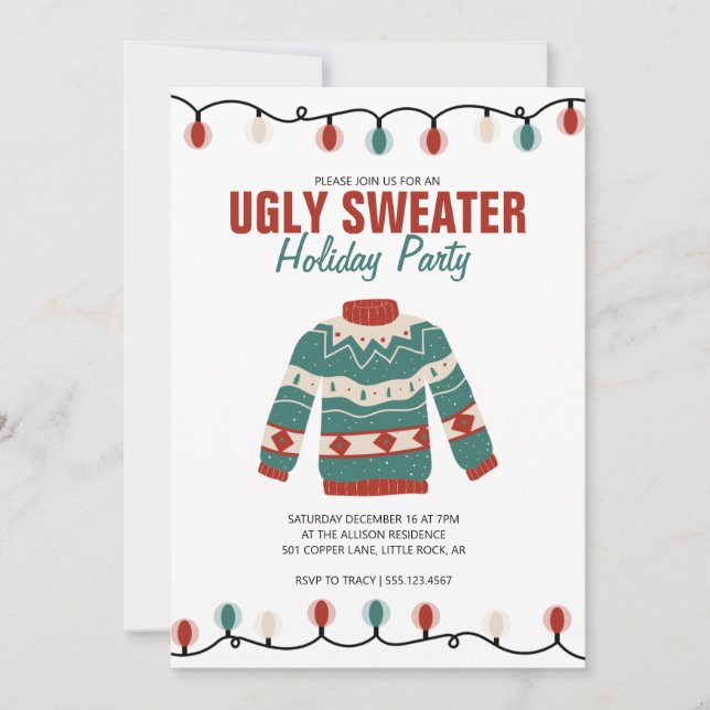 Ugly Sweater Red Grönt Boho Julfest Inbjudningar (Framsida)