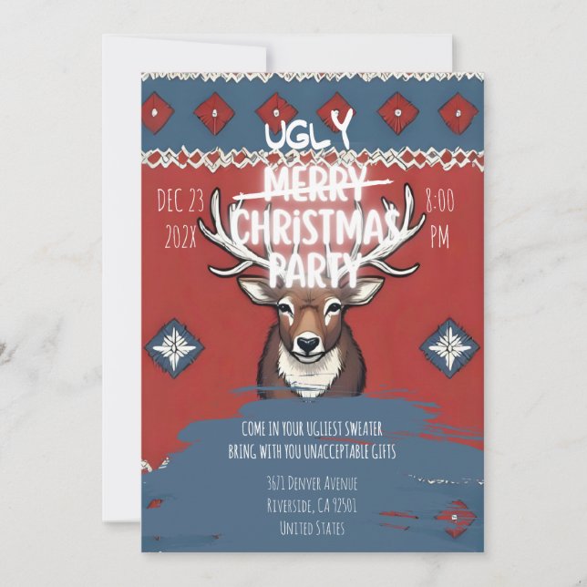 Ugly Sweater Reindeer Christmas Party Invitation Inbjudningar (Framsida)