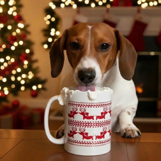 Ugly Sweater Reindeer Dachshund Tea Coffee Mugg (Dachshund Christmas Coffee Mug – Fair Isle Nordic Reindeer Wiener Dog Holiday Gift)