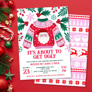 Ugly Sweater Santa Costume Party Grönt och Red Inbjudningar