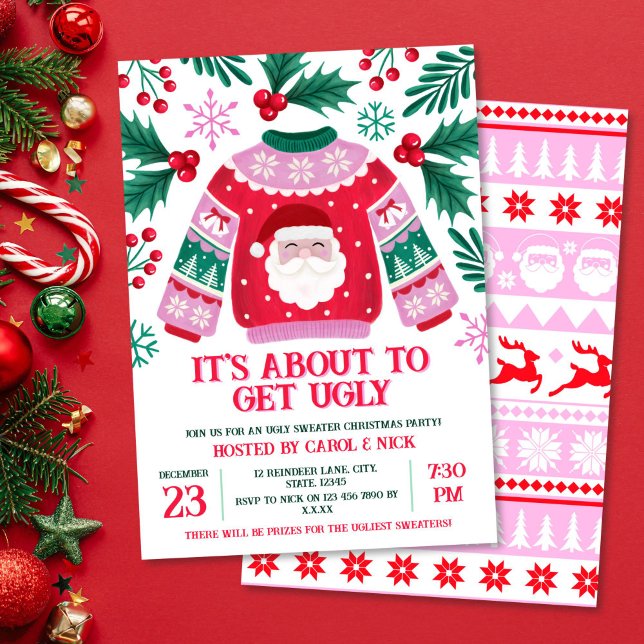 Ugly Sweater Santa Costume Party Grönt och Red Inbjudningar (Ugly Sweater Santa Costume Party Green and Red Invitation)