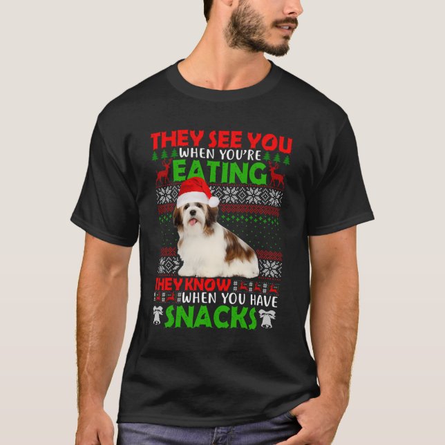 Ugly Sweater Shih Tzu, de ser dig äta Christma T Shirt (Framsida)