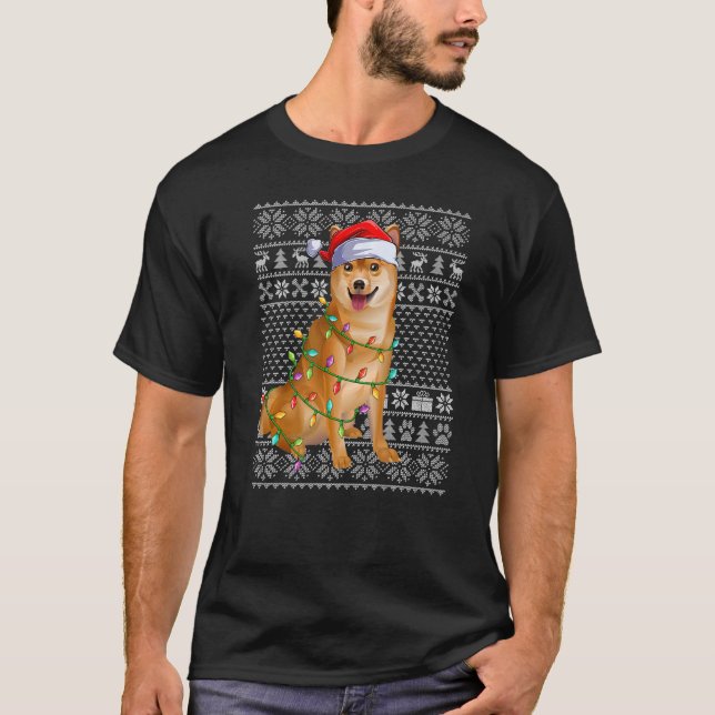 Ugly Sweater Stil Julafton Ljus Santa Shiba Inu Hu T Shirt (Framsida)