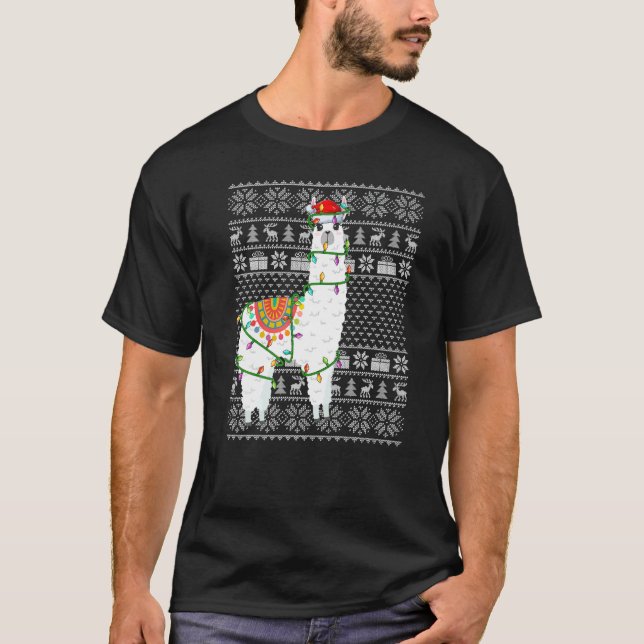Ugly Sweater Style Xmas Lights Santa Alpaca Christ T Shirt (Framsida)