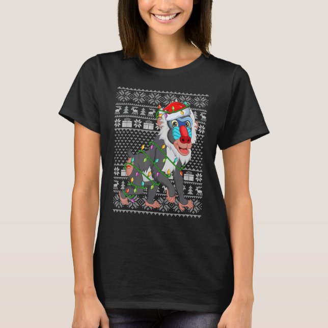 Ugly Sweater Style Xmas Lights Santa Baboon Christ T Shirt (Framsida)