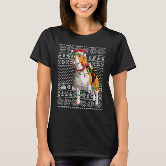 Ugly Sweater Style Xmas Lights Santa Beagle Dog Ch T Shirt (Framsida)