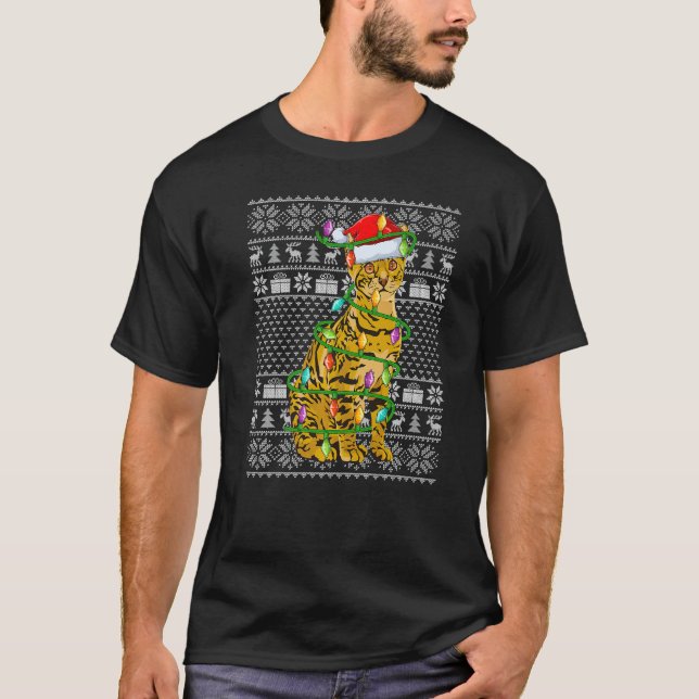 Ugly Sweater Style Xmas Lights Santa Bengal Cat Ch T Shirt (Framsida)