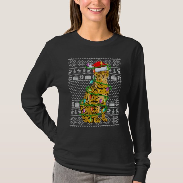 Ugly Sweater Style Xmas Lights Santa Bengal Cat Ch T Shirt (Framsida)