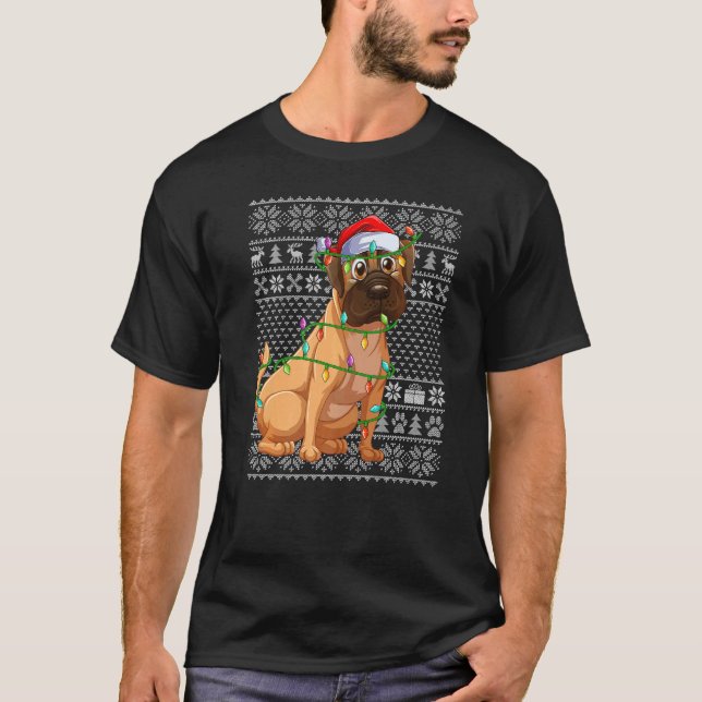 Ugly Sweater Style Xmas Lights Santa Bulldog Chris T Shirt (Framsida)