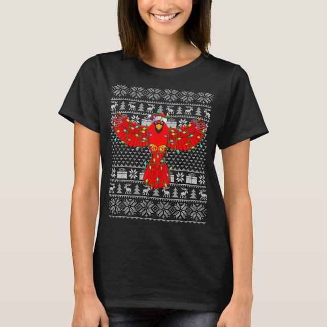 Ugly Sweater Style Xmas Lights Santa Cardinal Bird T Shirt (Framsida)