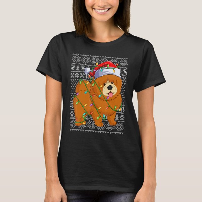 Ugly Sweater Style Xmas Lights Santa Chow Chow Dog T Shirt (Framsida)