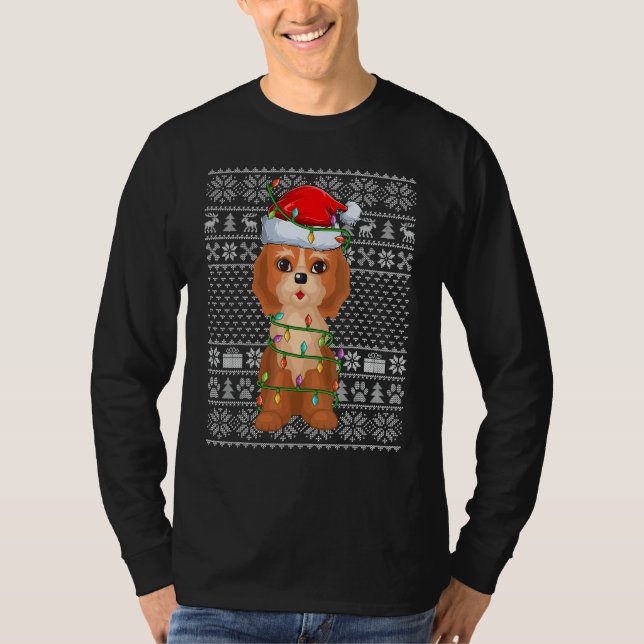 Ugly Sweater Style Xmas Lights Santa Cockapoo Dog  T Shirt (Framsida)