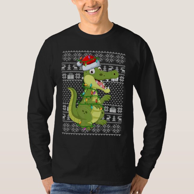 Ugly Sweater Style Xmas Lights Santa Crocodile Chr T Shirt (Framsida)