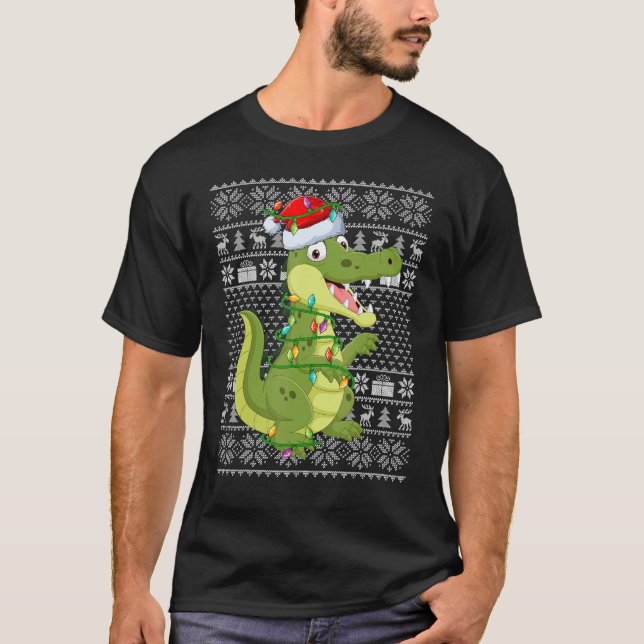 Ugly Sweater Style Xmas Lights Santa Crocodile Chr T Shirt (Framsida)
