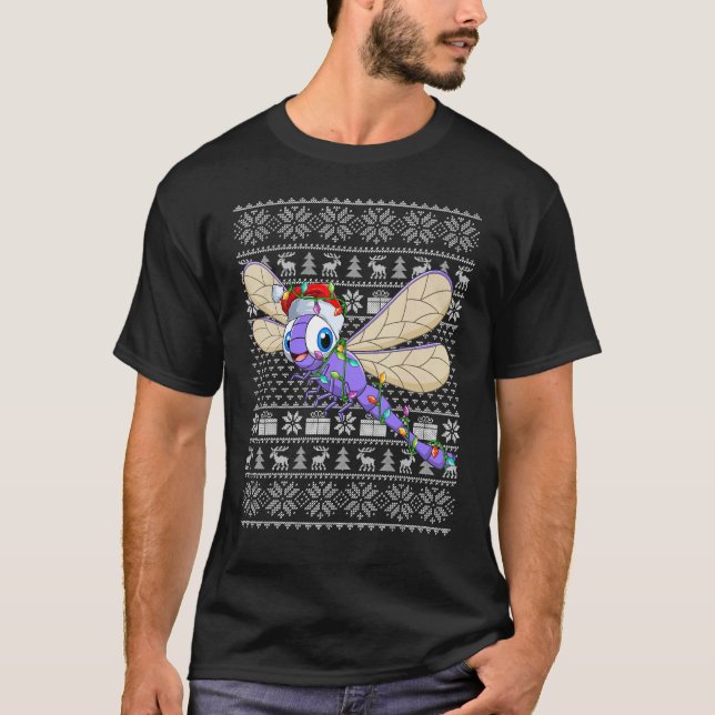 Ugly Sweater Style Xmas Lights Santa Dragonfly Chr T Shirt (Framsida)