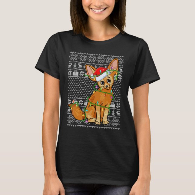 Ugly Sweater Style Xmas Lights Santa Fennec Fox Ch T Shirt (Framsida)