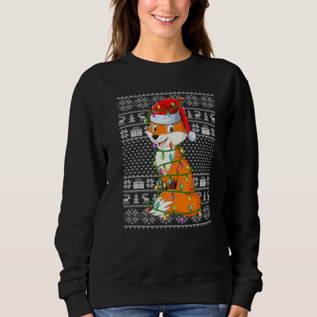 Ugly Sweater Style Xmas Lights Santa Fox Christmas T Shirt (Framsida)