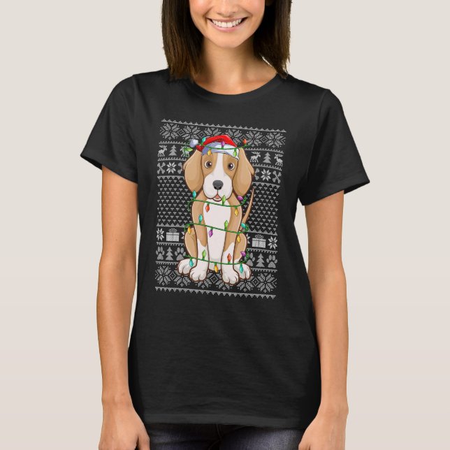 Ugly Sweater Style Xmas Lights Santa Foxhound Dog  T Shirt (Framsida)
