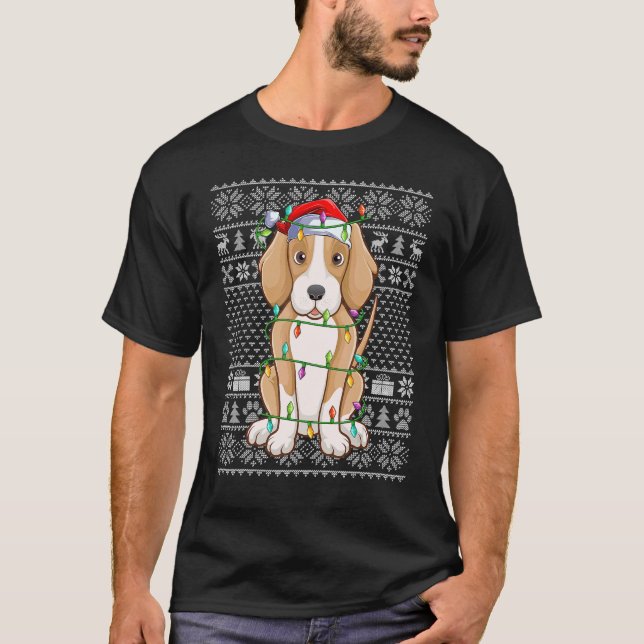 Ugly Sweater Style Xmas Lights Santa Foxhound Dog  T Shirt (Framsida)