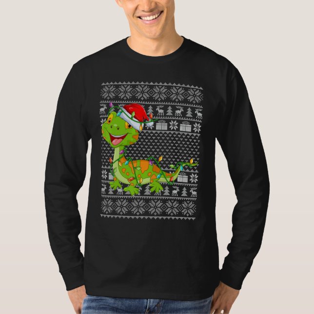 Ugly Sweater Style Xmas Lights Santa Gecko Christm T Shirt (Framsida)