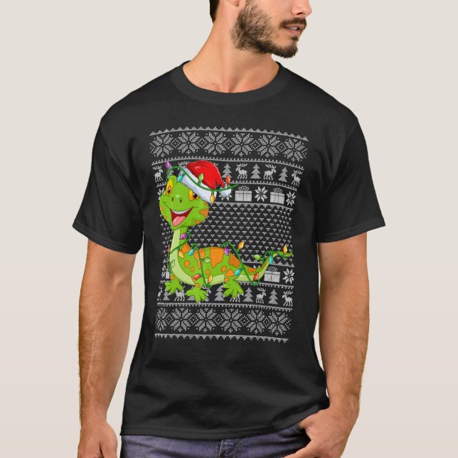 Ugly Sweater Style Xmas Lights Santa Gecko Christm T Shirt (Framsida)