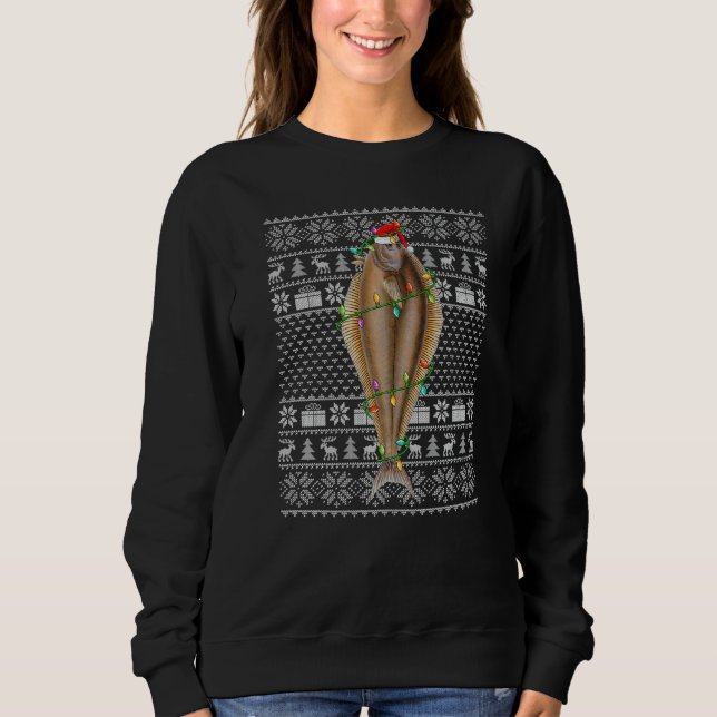 Ugly Sweater Style Xmas Lights Santa Halibut Fish  T Shirt (Framsida)