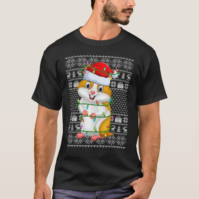 Ugly Sweater Style Xmas Lights Santa Hamster Chris T Shirt (Framsida)