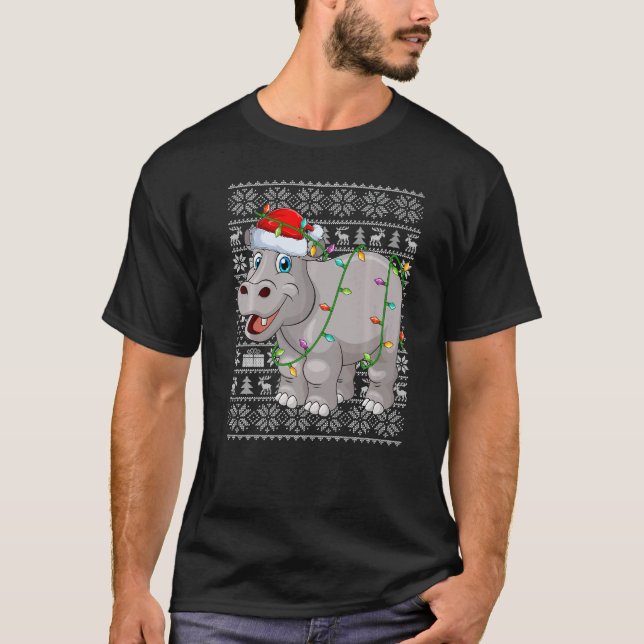 Ugly Sweater Style Xmas Lights Santa Hippopotamus  T Shirt (Framsida)