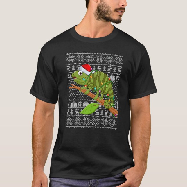 Ugly Sweater Style Xmas Lights Santa Iguana Christ T Shirt (Framsida)