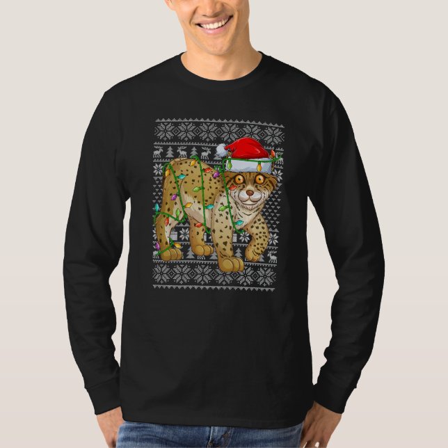 Ugly Sweater Style Xmas Lights Santa Lynx Christma T Shirt (Framsida)