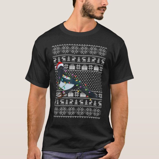 Ugly Sweater Style Xmas Lights Santa Magpie Bird C T Shirt (Framsida)