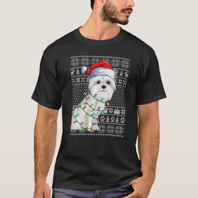 Ugly Sweater Style Xmas Lights Santa Maltese Dog C T Shirt (Framsida)