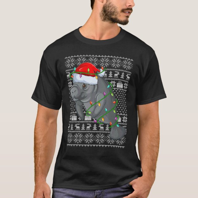 Ugly Sweater Style Xmas Lights Santa Manatee Chris T Shirt (Framsida)