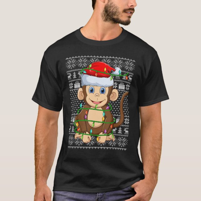 Ugly Sweater Style Xmas Lights Santa Monkey Christ T Shirt (Framsida)