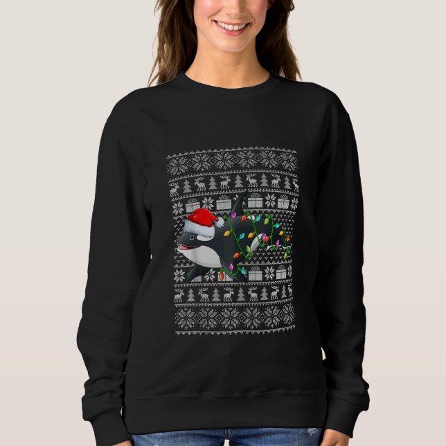 Ugly Sweater Style Xmas Lights Santa Orca Christma T Shirt (Framsida)