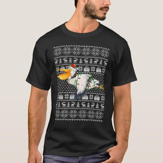 Ugly Sweater Style Xmas Lights Santa Pelican Bird  T Shirt (Framsida)