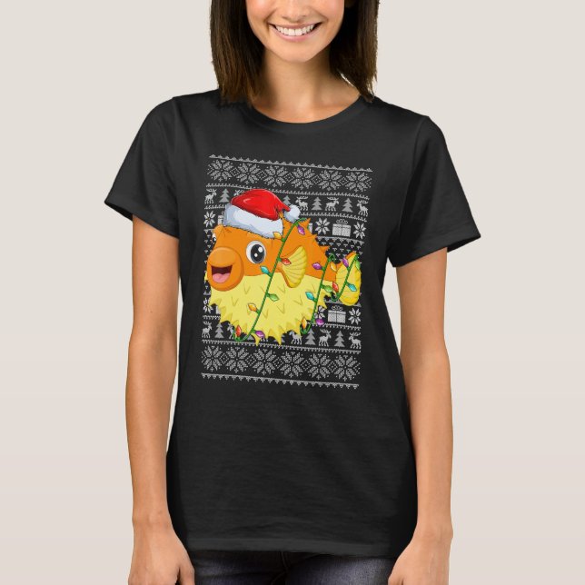 Ugly Sweater Style Xmas Lights Santa Puffer Fish C T Shirt (Framsida)