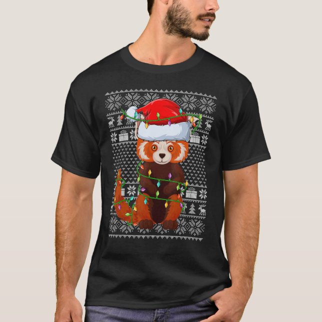 Ugly Sweater Style Xmas Lights Santa Red Panda Chr T Shirt (Framsida)
