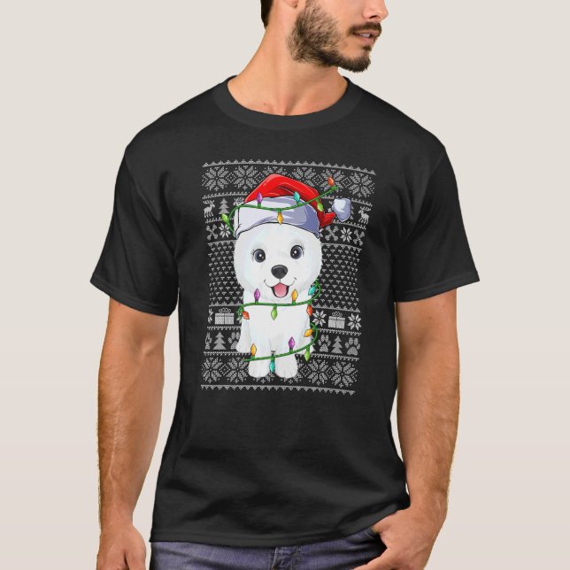 Ugly Sweater Style Xmas Lights Santa Samoyed Dog C T Shirt (Framsida)