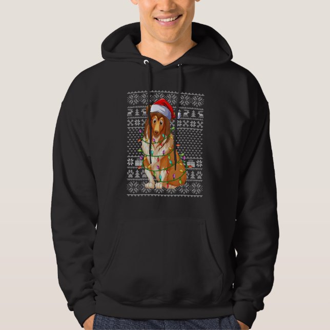 Ugly Sweater Style Xmas Lights Santa Sheepdog Chri Hoodie (Framsida)