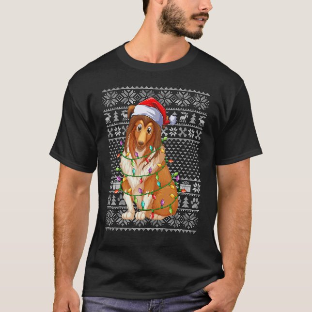 Ugly Sweater Style Xmas Lights Santa Sheepdog Chri T Shirt (Framsida)