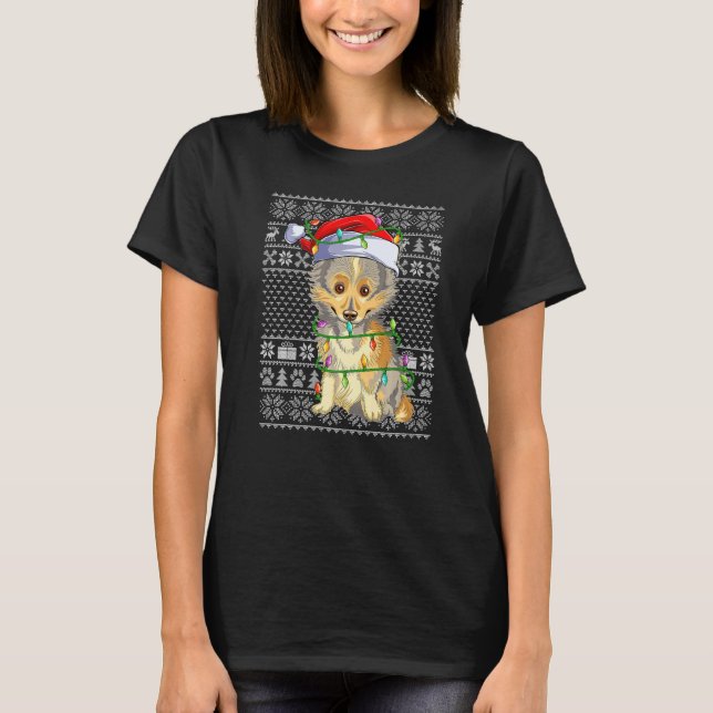 Ugly Sweater Style Xmas Lights Santa Sheltie Dog C T Shirt (Framsida)