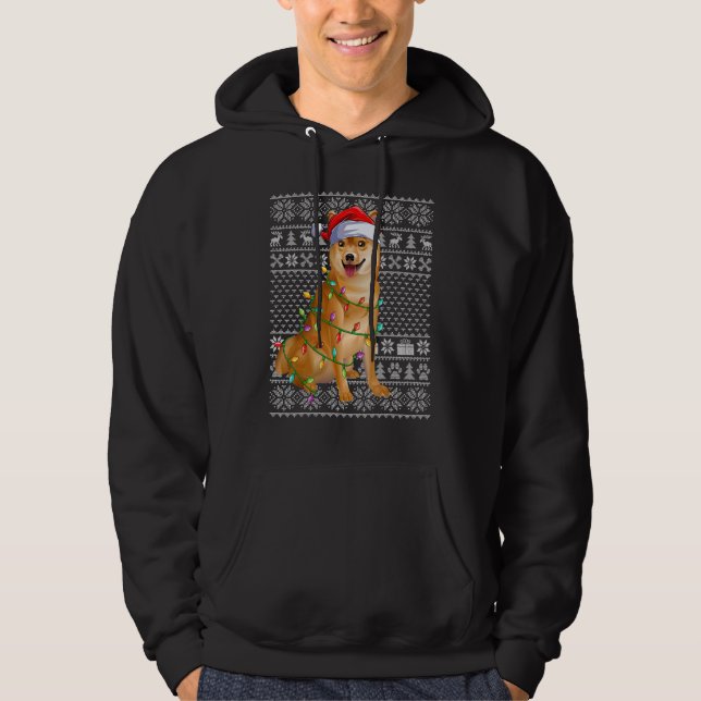 Ugly Sweater Style Xmas Lights Santa Shiba Inu Dog Hoodie (Framsida)