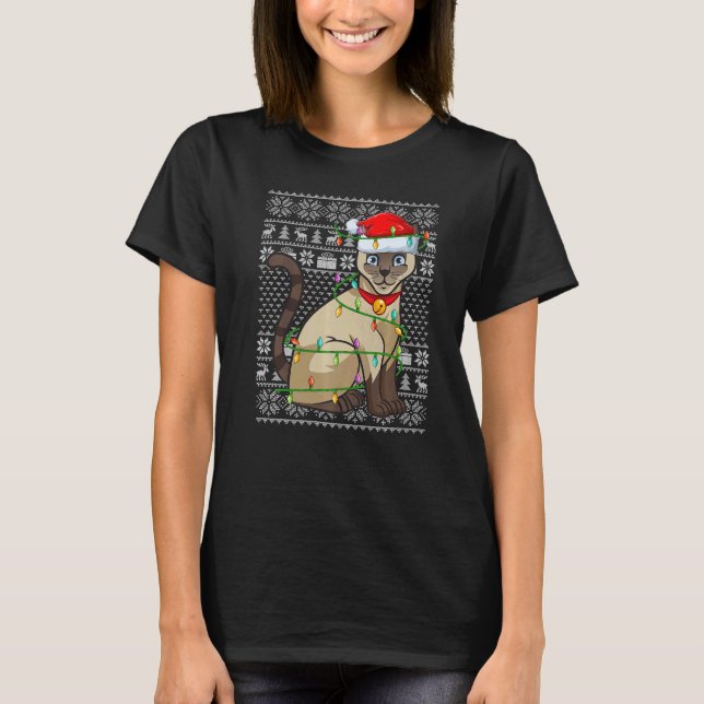 Ugly Sweater Style Xmas Lights Santa Siamese Cat C T Shirt (Framsida)