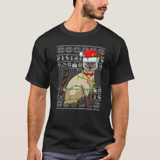 Ugly Sweater Style Xmas Lights Santa Siamese Cat C T Shirt