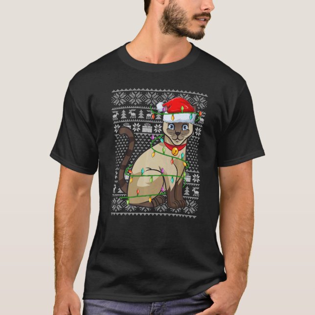 Ugly Sweater Style Xmas Lights Santa Siamese Cat C T Shirt (Framsida)