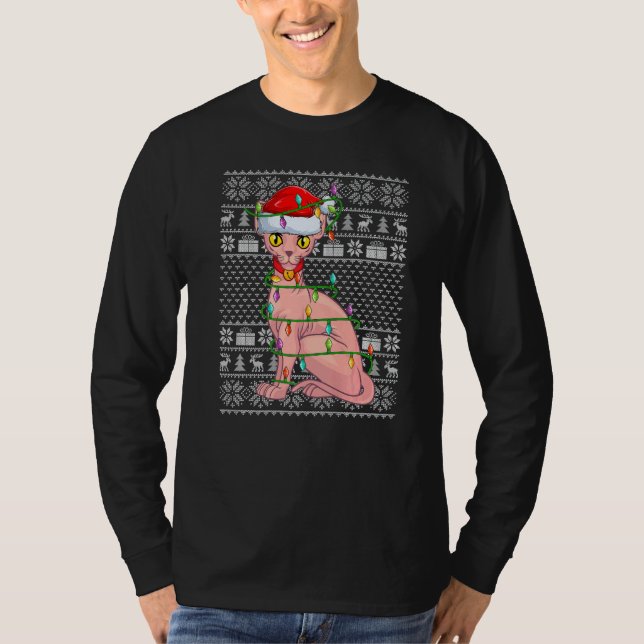 Ugly Sweater Style Xmas Lights Santa Sphynx Cat Ch T Shirt (Framsida)